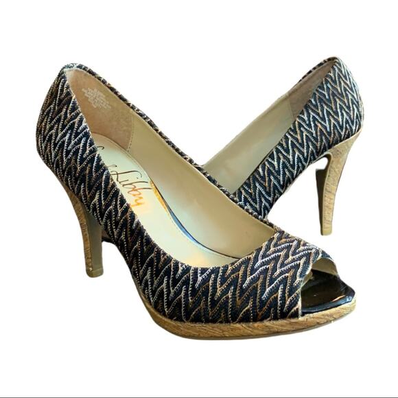 Sam & Libby “Sleger” Black Brown Textured Fabric Peep Toe 4” High Heels Size 7M - Picture 1 of 13